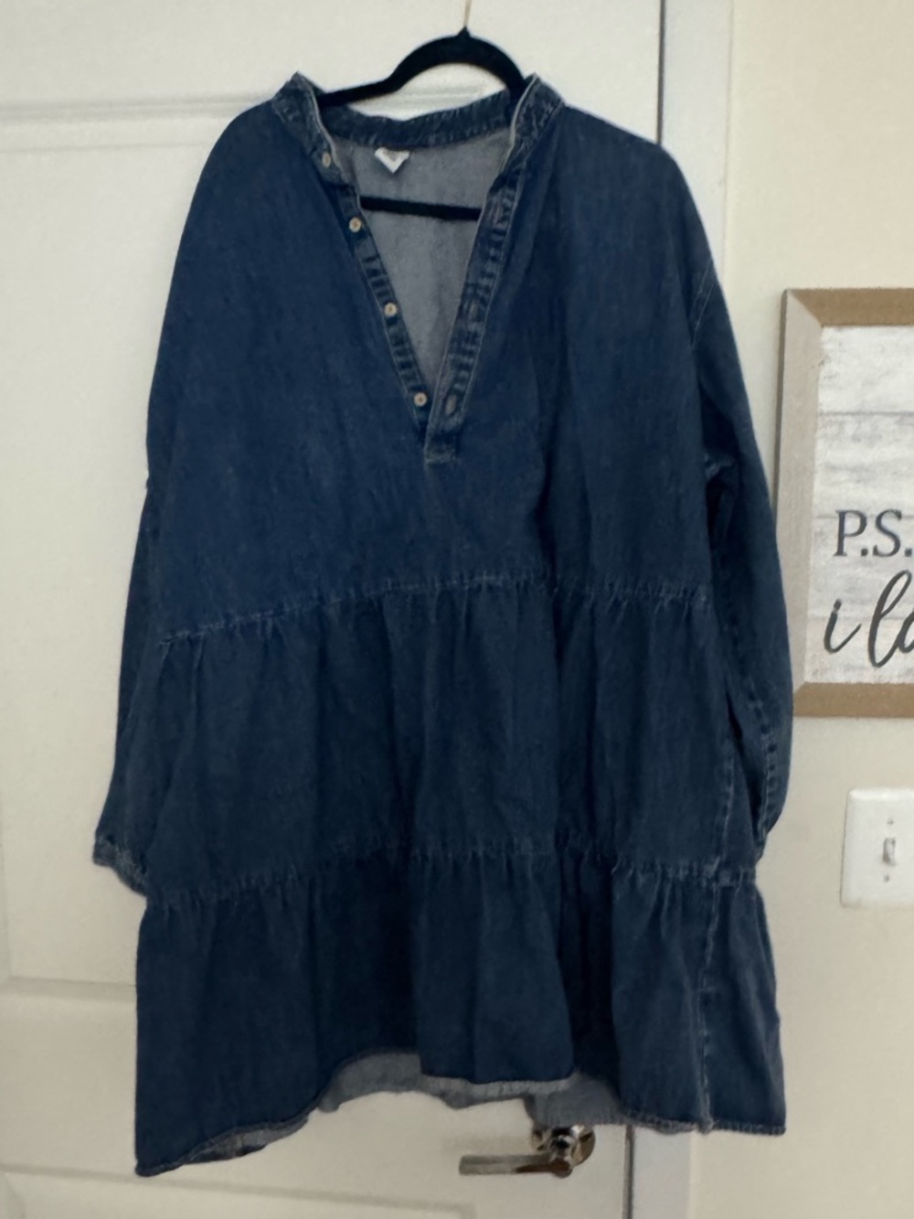 H&M Dark Blue Denim Long Sleeve Tiered Dress